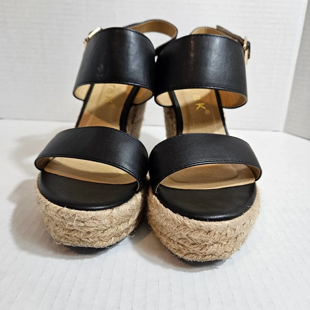 Allegra K Black Strappy Platform Jute Wedge Espadrille Sandals Size 6.5‎